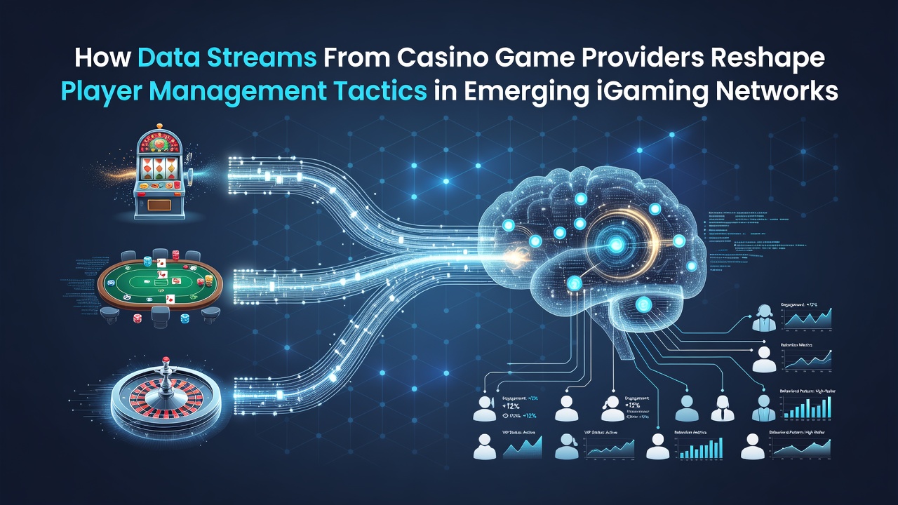 Data visualization dashboard showing real-time casino game provider streams feeding into player management systems across emerging iGaming networks