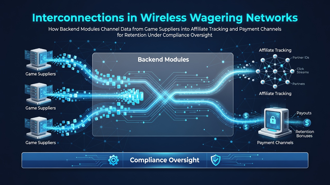 Backend modules routing data streams from game suppliers through affiliate tracking systems and payment channels under compliance oversight in wireless wagering networks