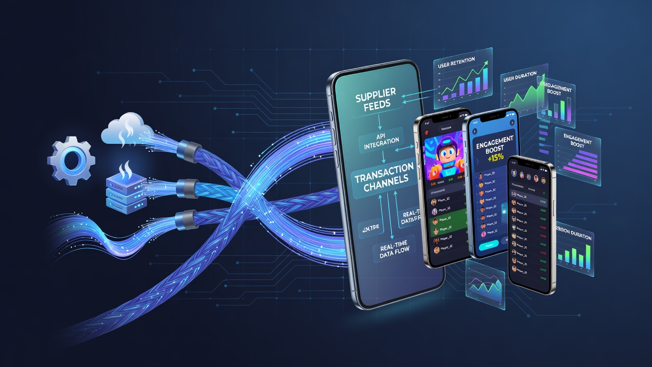 Diagram showing supplier data feeds connecting with payment transaction channels in a mobile gaming platform architecture
