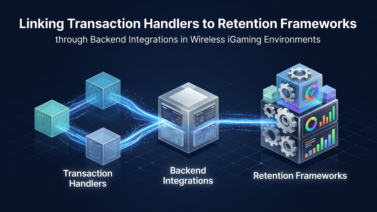 Backend integration architecture diagram showing transaction handlers connected to retention systems in mobile iGaming platforms
