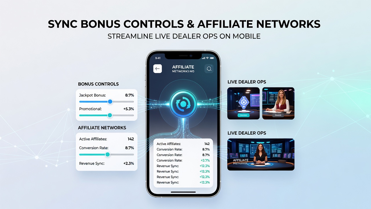Backend dashboard displaying real-time synchronization between bonus controls, affiliate networks, and mobile live dealer feeds