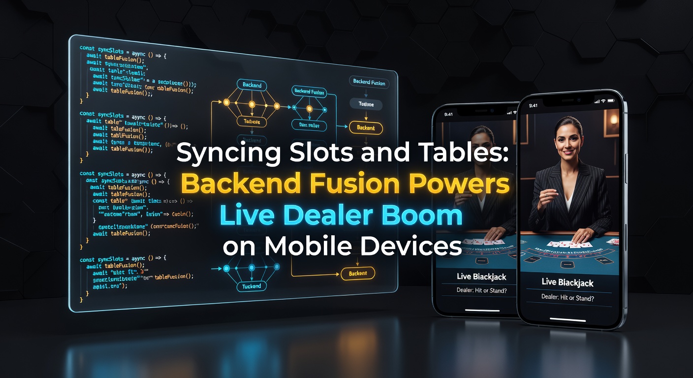 Digital visualization of synchronized slot reels and live dealer blackjack tables merging on a mobile screen, highlighting backend integration