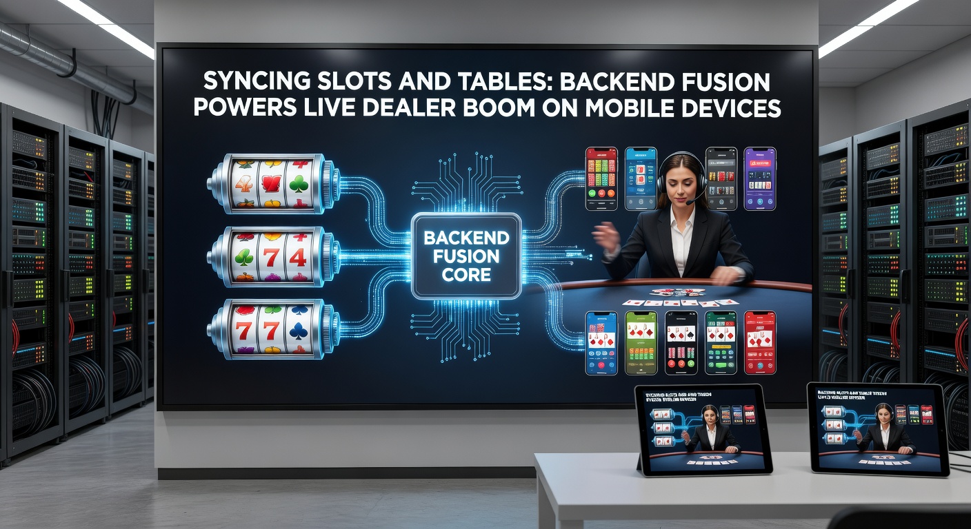 Close-up of a mobile device screen displaying a live dealer craps table with overlaid slot game elements, demonstrating real-time backend synchronization