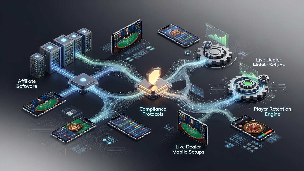 Data flow diagram showing affiliate software connecting to compliance systems in mobile live dealer environments