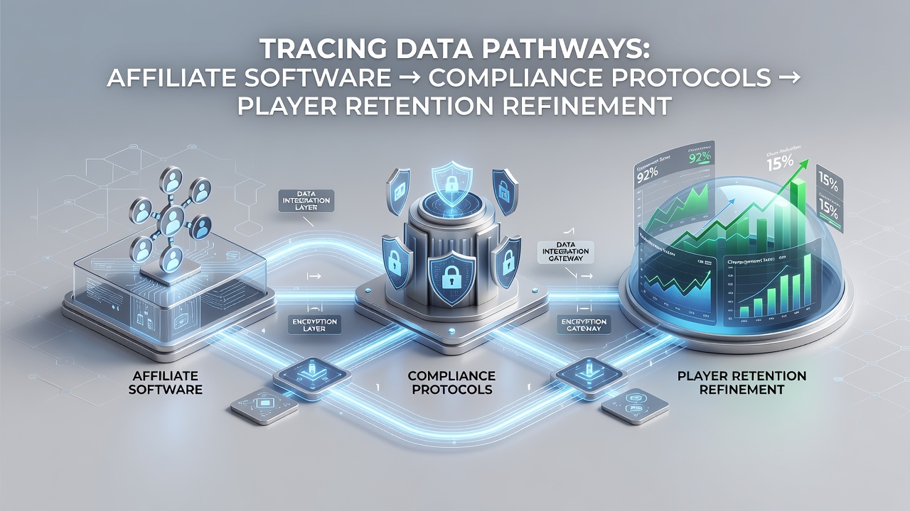 Mobile live dealer interface with overlaid data pathway indicators connecting affiliate and compliance layers